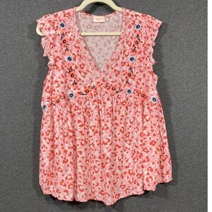 Hailey & Co Pink Orange Floral Leopard Embroidered V-Neck Babydoll Top Large‎